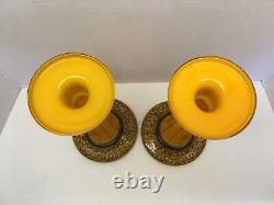 2 Vintage Czech Slovakia Glass Candle Holders Handle Blown Painted Orange Black