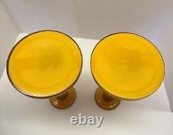 2 Vintage Czech Slovakia Glass Candle Holders Handle Blown Painted Orange Black