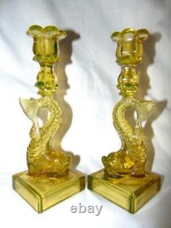 2 Vintage Imperial For MMA Signed Vaseline Glass DOLPHIN KOI FISH Candlesticks