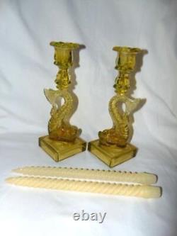 2 Vintage Imperial For MMA Signed Vaseline Glass DOLPHIN KOI FISH Candlesticks