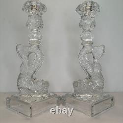 (2) Vintage Imperial Glass Clear Dolphin Candlesticks Candle Holders MMA Pair