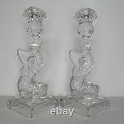 (2) Vintage Imperial Glass Clear Dolphin Candlesticks Candle Holders MMA Pair