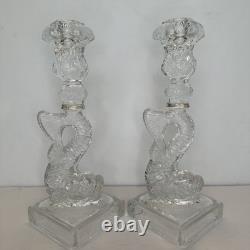 (2) Vintage Imperial Glass Clear Dolphin Candlesticks Candle Holders MMA Pair