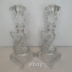 (2) Vintage Imperial Glass Clear Dolphin Candlesticks Candle Holders MMA Pair