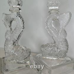 (2) Vintage Imperial Glass Clear Dolphin Candlesticks Candle Holders MMA Pair