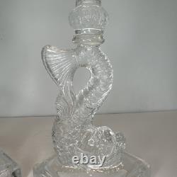 (2) Vintage Imperial Glass Clear Dolphin Candlesticks Candle Holders MMA Pair