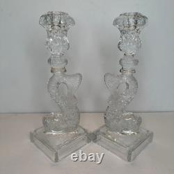 (2) Vintage Imperial Glass Clear Dolphin Candlesticks Candle Holders MMA Pair
