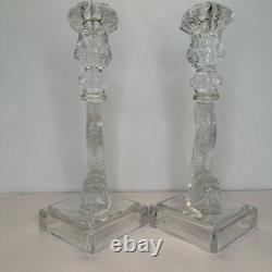 (2) Vintage Imperial Glass Clear Dolphin Candlesticks Candle Holders MMA Pair