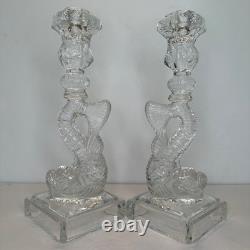 (2) Vintage Imperial Glass Clear Dolphin Candlesticks Candle Holders MMA Pair