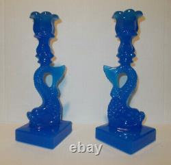 2 Vintage Imperial Mma Opaline Blue Glass Koi Fish Dolphin Candlesticks