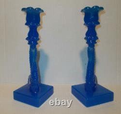 2 Vintage Imperial Mma Opaline Blue Glass Koi Fish Dolphin Candlesticks