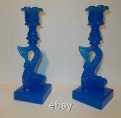 2 Vintage Imperial Mma Opaline Blue Glass Koi Fish Dolphin Candlesticks