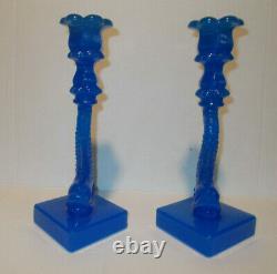 2 Vintage Imperial Mma Opaline Blue Glass Koi Fish Dolphin Candlesticks