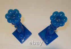 2 Vintage Imperial Mma Opaline Blue Glass Koi Fish Dolphin Candlesticks