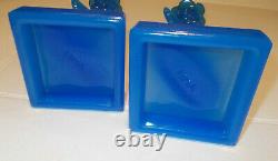 2 Vintage Imperial Mma Opaline Blue Glass Koi Fish Dolphin Candlesticks