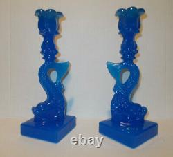 2 Vintage Imperial Mma Opaline Blue Glass Koi Fish Dolphin Candlesticks