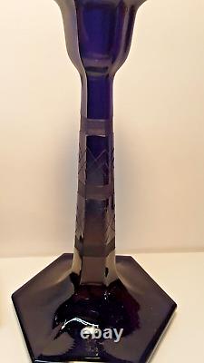 2 Vintage Purple /Blue Amethyst Cut Glass Candle Holders 9 1/8 inch Tall