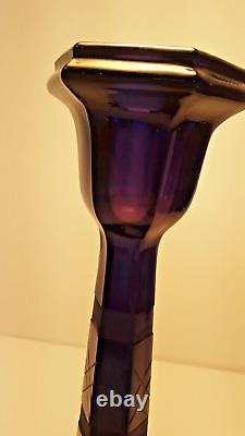 2 Vintage Purple /Blue Amethyst Cut Glass Candle Holders 9 1/8 inch Tall