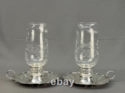 2 Vintage Silverplate Etched Hurricane Glass 7 3/4 Chamberstick Candle Holders