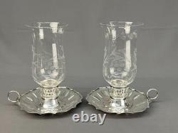 2 Vintage Silverplate Etched Hurricane Glass 7 3/4 Chamberstick Candle Holders