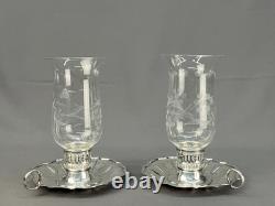 2 Vintage Silverplate Etched Hurricane Glass 7 3/4 Chamberstick Candle Holders