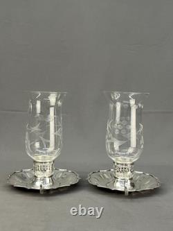 2 Vintage Silverplate Etched Hurricane Glass 7 3/4 Chamberstick Candle Holders