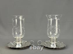 2 Vintage Silverplate Etched Hurricane Glass 7 3/4 Chamberstick Candle Holders