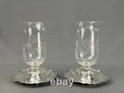 2 Vintage Silverplate Etched Hurricane Glass 7 3/4 Chamberstick Candle Holders