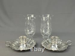 2 Vintage Silverplate Etched Hurricane Glass 7 3/4 Chamberstick Candle Holders