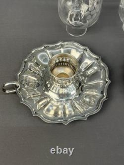 2 Vintage Silverplate Etched Hurricane Glass 7 3/4 Chamberstick Candle Holders