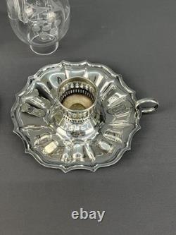 2 Vintage Silverplate Etched Hurricane Glass 7 3/4 Chamberstick Candle Holders