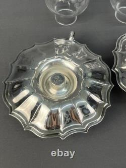 2 Vintage Silverplate Etched Hurricane Glass 7 3/4 Chamberstick Candle Holders