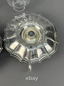 2 Vintage Silverplate Etched Hurricane Glass 7 3/4 Chamberstick Candle Holders