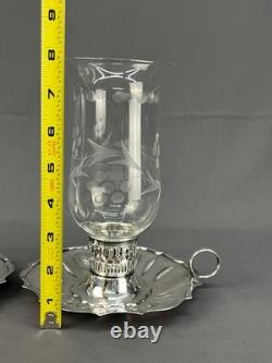 2 Vintage Silverplate Etched Hurricane Glass 7 3/4 Chamberstick Candle Holders