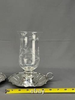 2 Vintage Silverplate Etched Hurricane Glass 7 3/4 Chamberstick Candle Holders