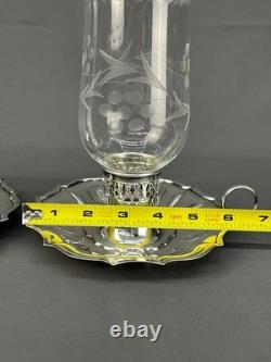 2 Vintage Silverplate Etched Hurricane Glass 7 3/4 Chamberstick Candle Holders