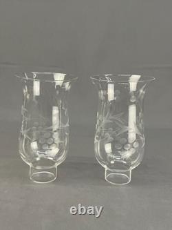 2 Vintage Silverplate Etched Hurricane Glass 7 3/4 Chamberstick Candle Holders