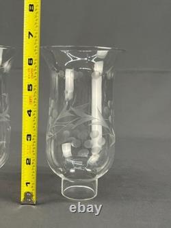 2 Vintage Silverplate Etched Hurricane Glass 7 3/4 Chamberstick Candle Holders