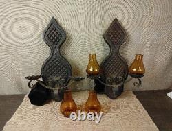 2 Vintage Spanish Amber Glass Wall Sconce 2 Lights Candle Holders, 18 T x 11 W