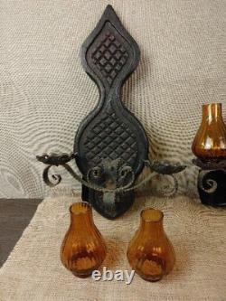 2 Vintage Spanish Amber Glass Wall Sconce 2 Lights Candle Holders, 18 T x 11 W