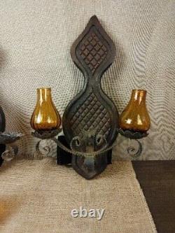 2 Vintage Spanish Amber Glass Wall Sconce 2 Lights Candle Holders, 18 T x 11 W