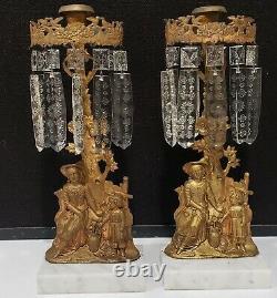 2-Vintage Victorian Brass Mantle CandleHolders Woman Child Marble Glass Prisms