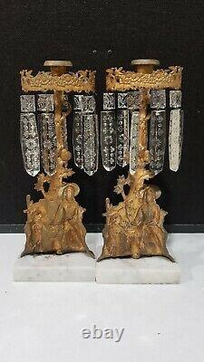 2-Vintage Victorian Brass Mantle CandleHolders Woman Child Marble Glass Prisms