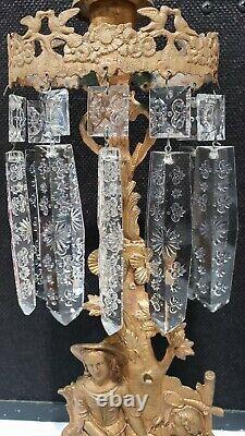 2-Vintage Victorian Brass Mantle CandleHolders Woman Child Marble Glass Prisms