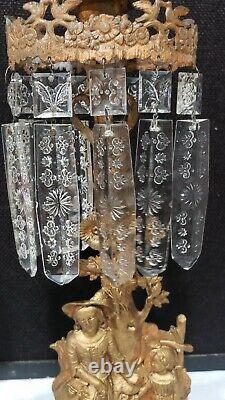 2-Vintage Victorian Brass Mantle CandleHolders Woman Child Marble Glass Prisms