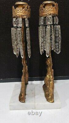 2-Vintage Victorian Brass Mantle CandleHolders Woman Child Marble Glass Prisms