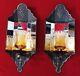 2 Vintage Wall Black Metal Mirror Candle Holders Scones Amber Glass Votive Mcm