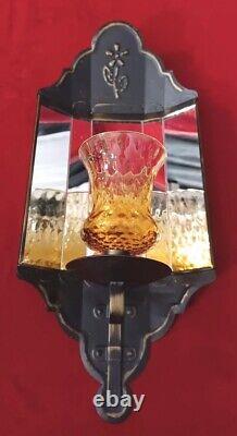 2 Vintage Wall Black Metal Mirror Candle Holders Scones Amber Glass Votive MCM