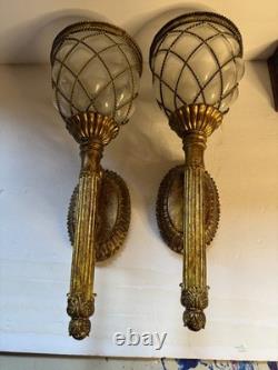 2 Vintage Wall Candle Sconces Caged Glass Gold Bubble Hand Blown Large