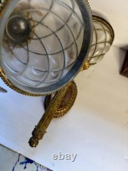 2 Vintage Wall Candle Sconces Caged Glass Gold Bubble Hand Blown Large